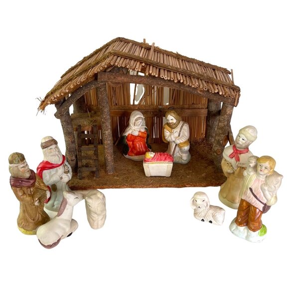 Vintage Nativity Set Wood Manger Stable 10 Hand Painted Bisque Ceramic Figurines - Picture 1 of 9